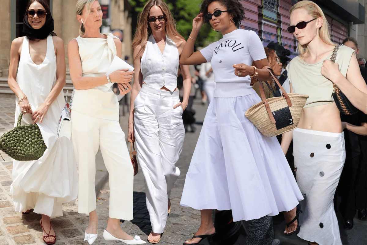 Five stylish women showcase elegant white and off-white ensembles, blending casual and luxury elements in various street style looks