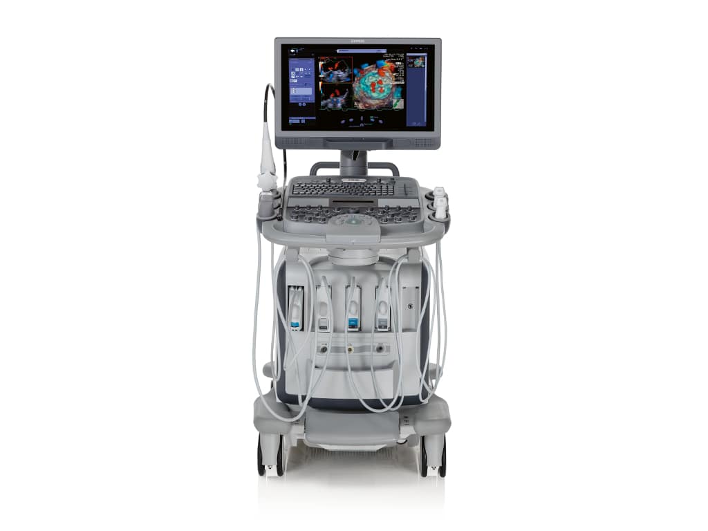 A modern cardiovascular ultrasound machine displaying 3D heart imaging, used for 2D Echo tests and cardiac diagnostics