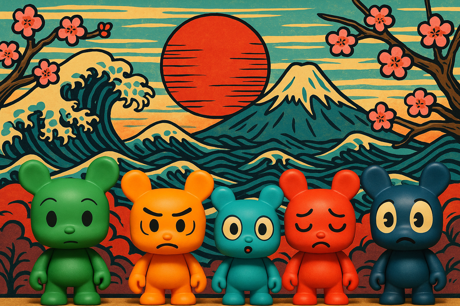 Visuel 3 : Cinq figurines Art Toys alignées sur fond japonais stylisé