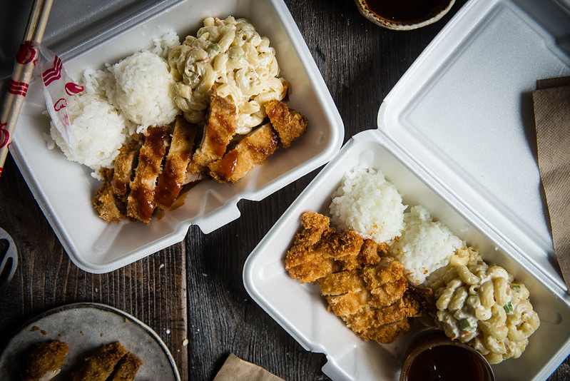 A Hawaiian Plate Lunch Featuring Chicken Katsu, Rice, and Macaroni Salad