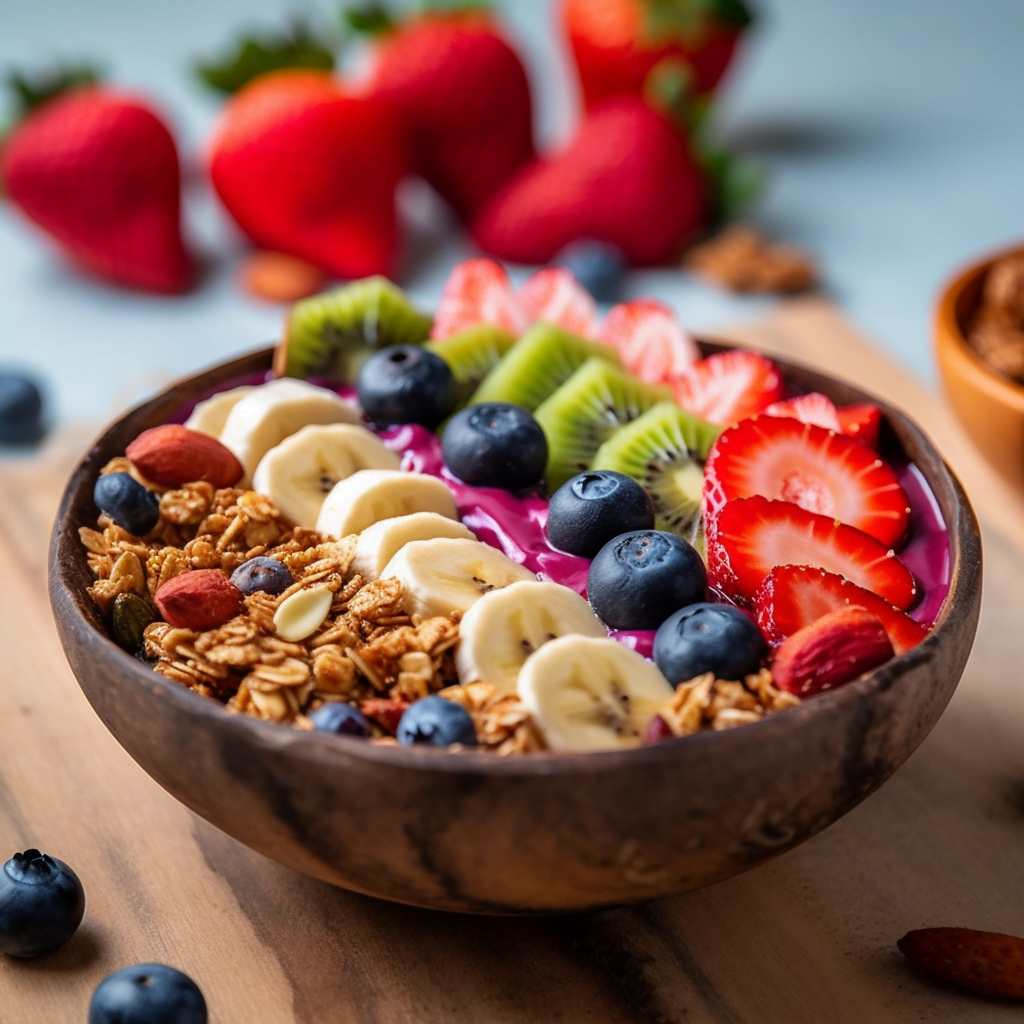 A colorful acai bowl with assorted fruit and granola toppings
