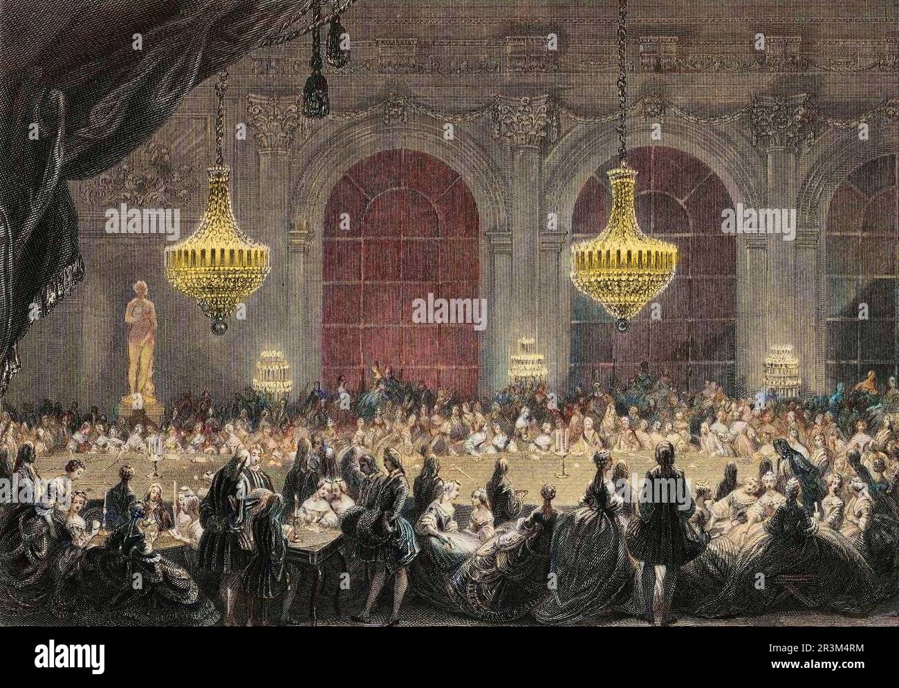 Illustration of the court of Louis XV at the Palace of Versailles, showing the opulent social life of 18th-century French nobility