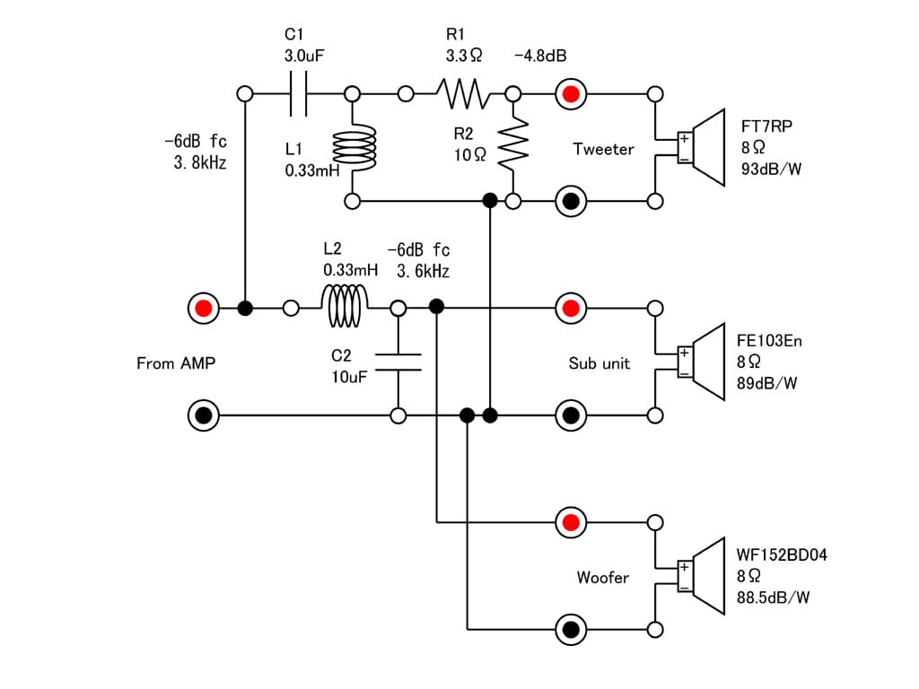 Detailed schematic of a 3-way crossover circuit, showing component values and connections