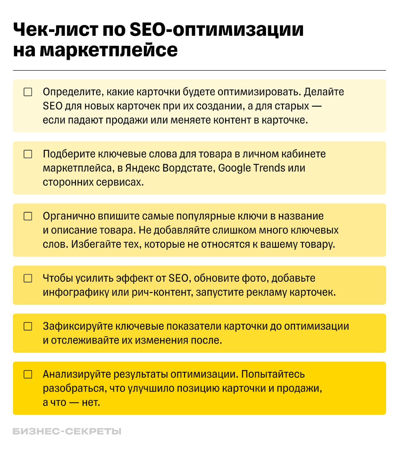 Чек-лист для SEO-оптимизации на торговой площадке
