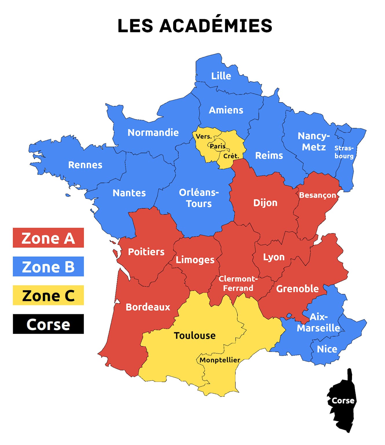 Map of French educational academies in metropolitan France and Corsica, color-coded by zones A, B, C, and Corse