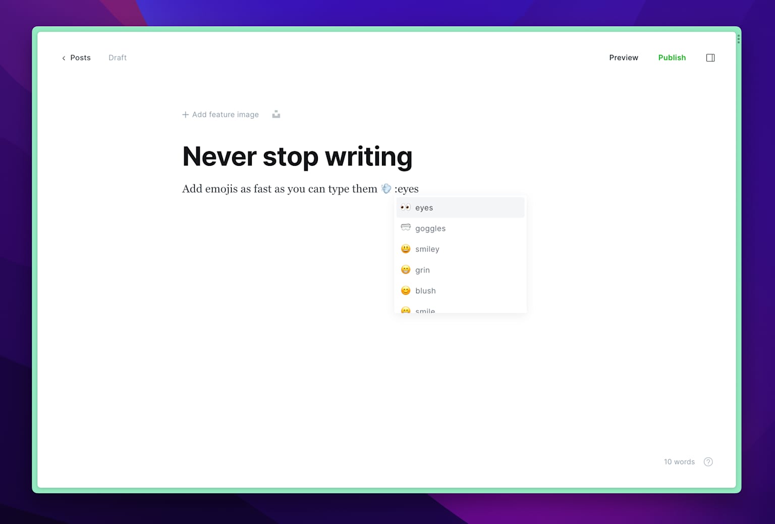 The Ghost CMS post editor interface, demonstrating content creation and emoji auto-completion for a new post