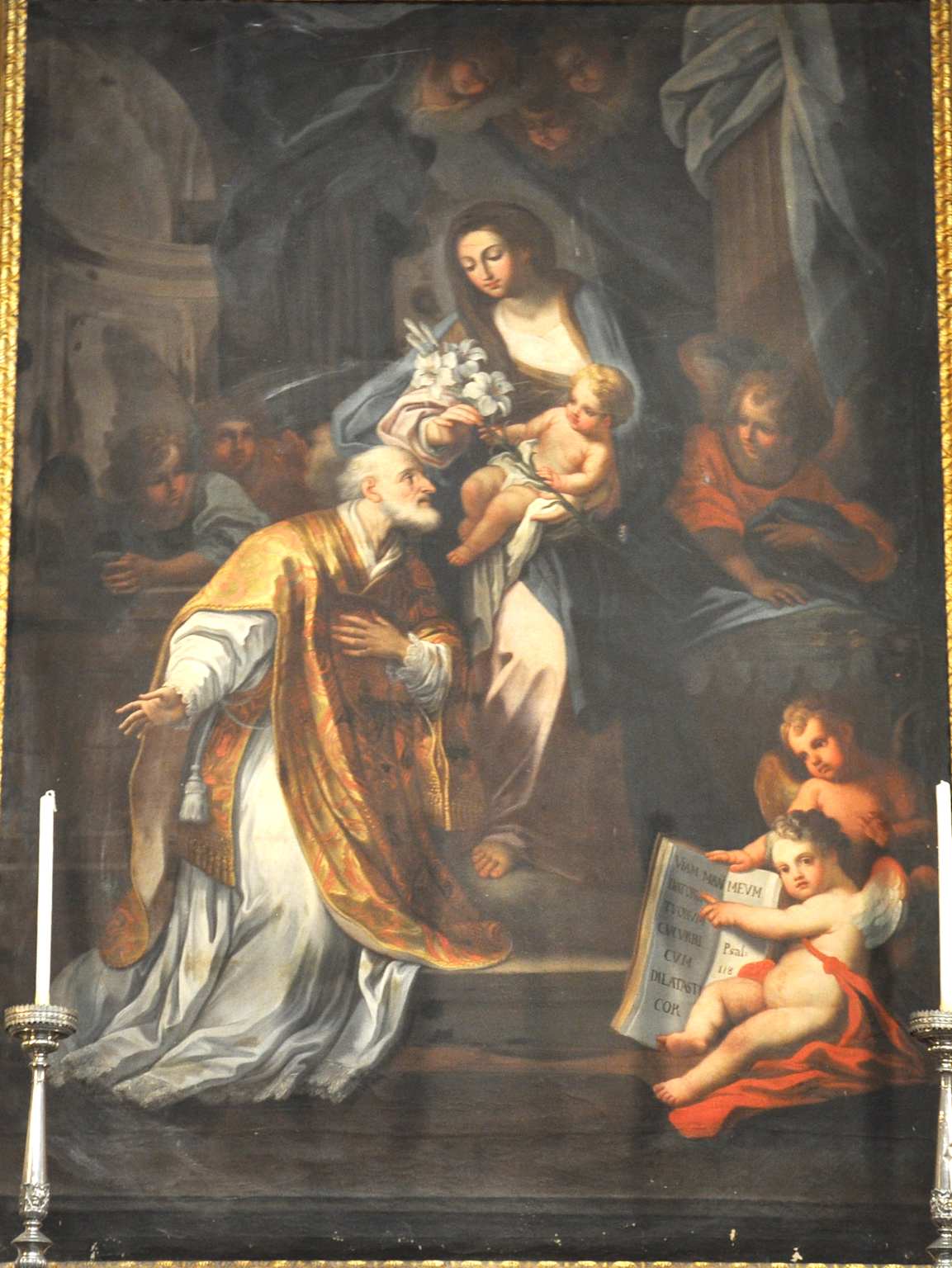 Saint Philip Neri depicted with the Virgin Mary, baby Jesus, and Angels