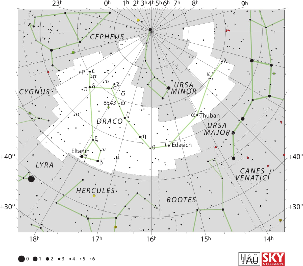 Star chart showing the location of the Draco constellation.