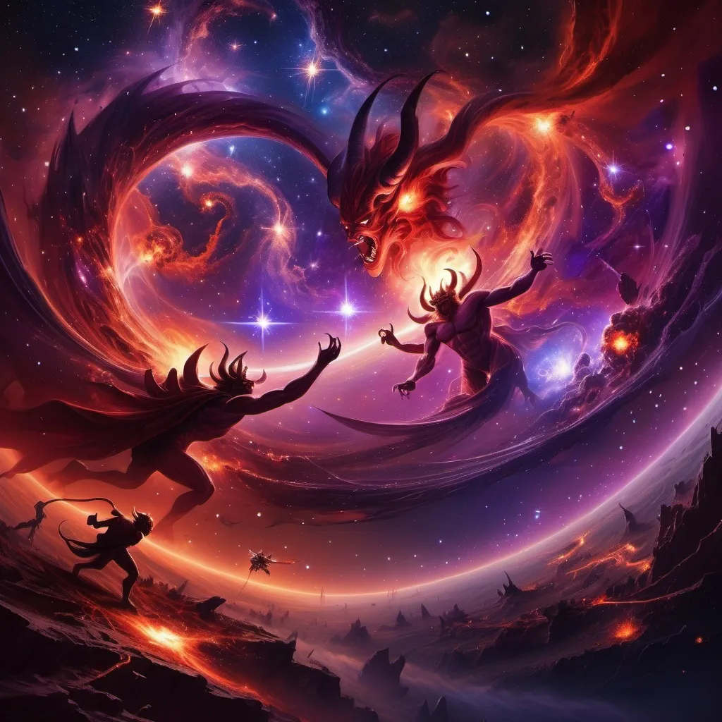A cosmic battle between demonic figures and celestial energies.