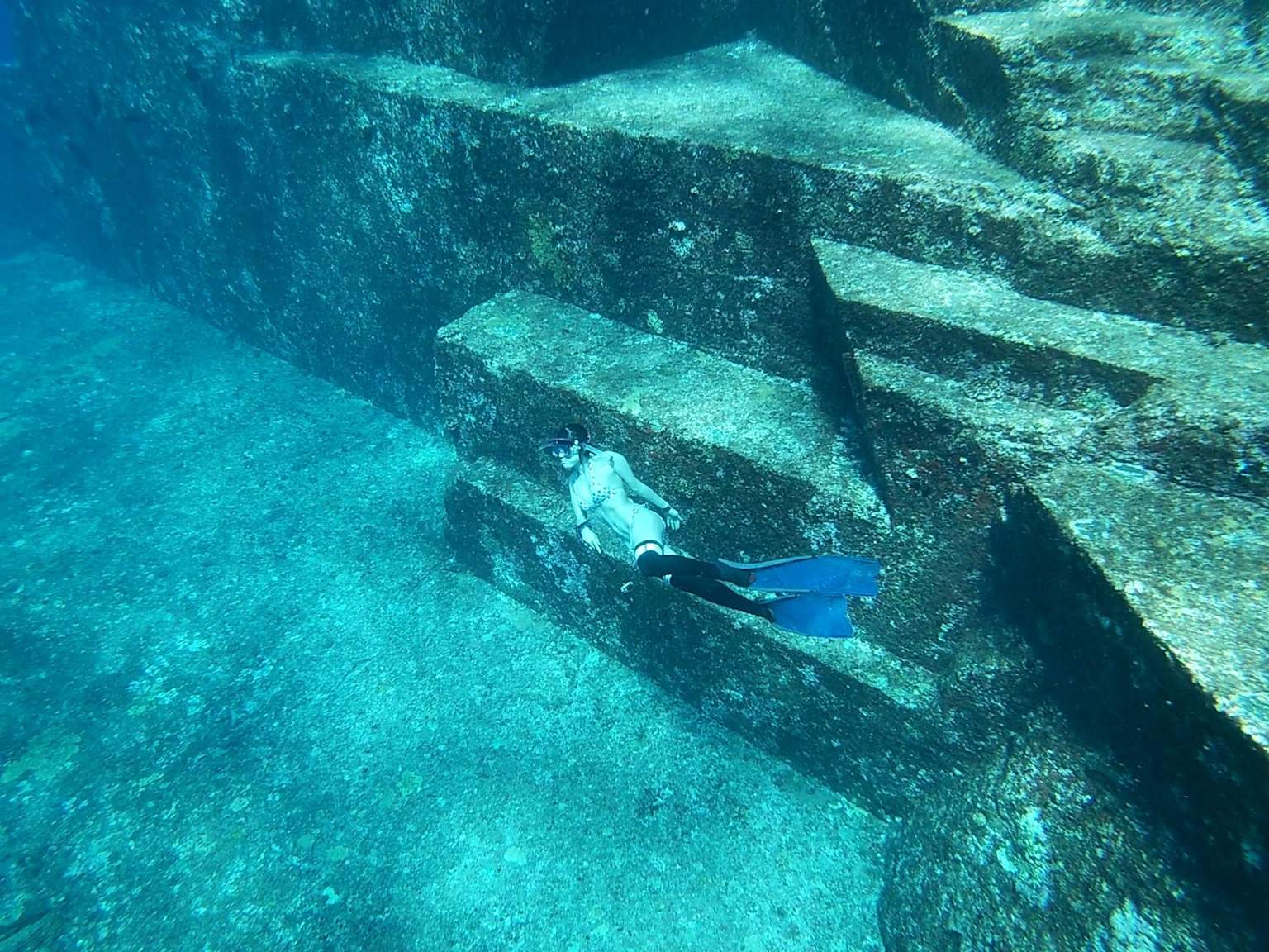 A diver explores the underwater Yonaguni Monument in Japan
