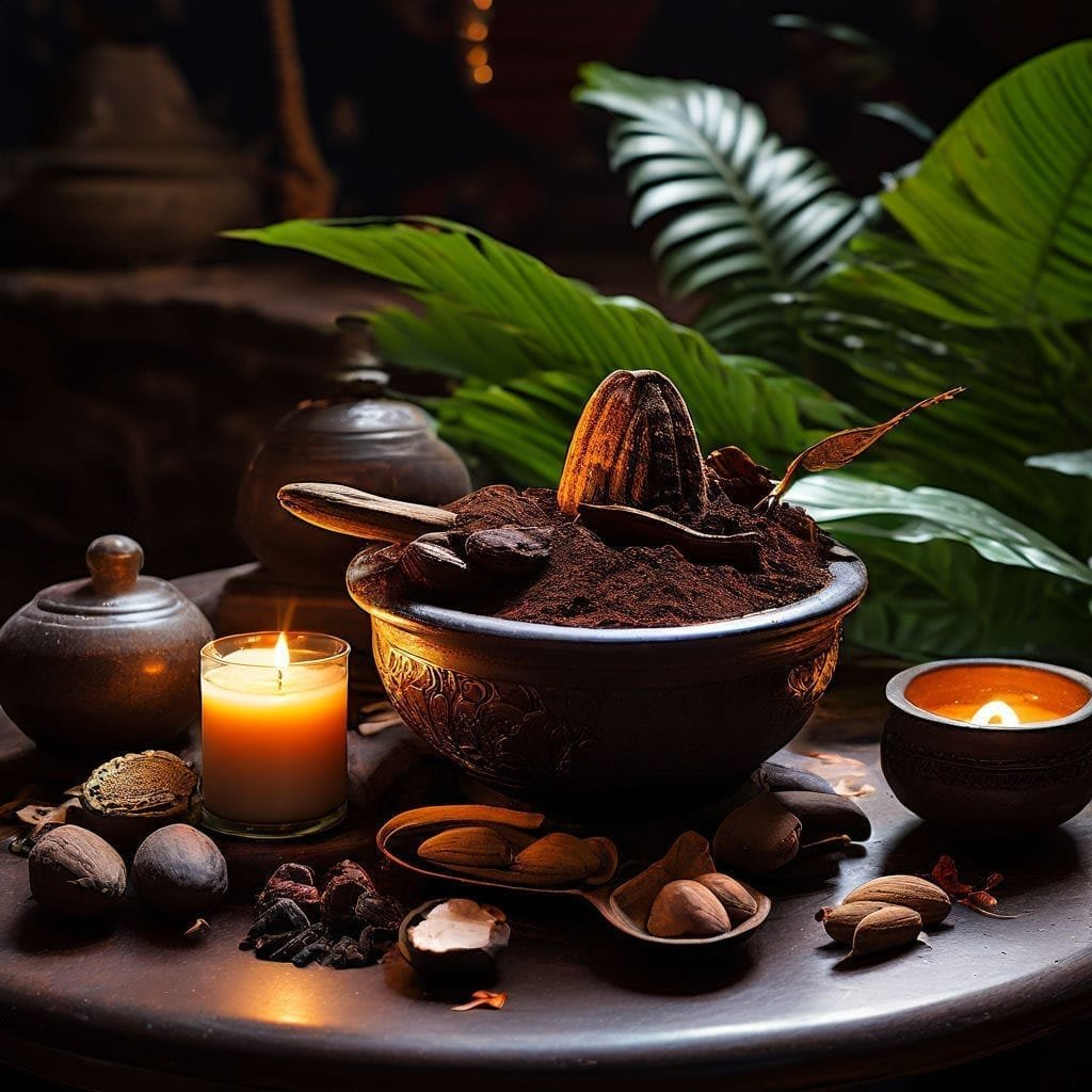 A spiritual cacao ceremony setup with cacao powder, beans, nuts, and candles