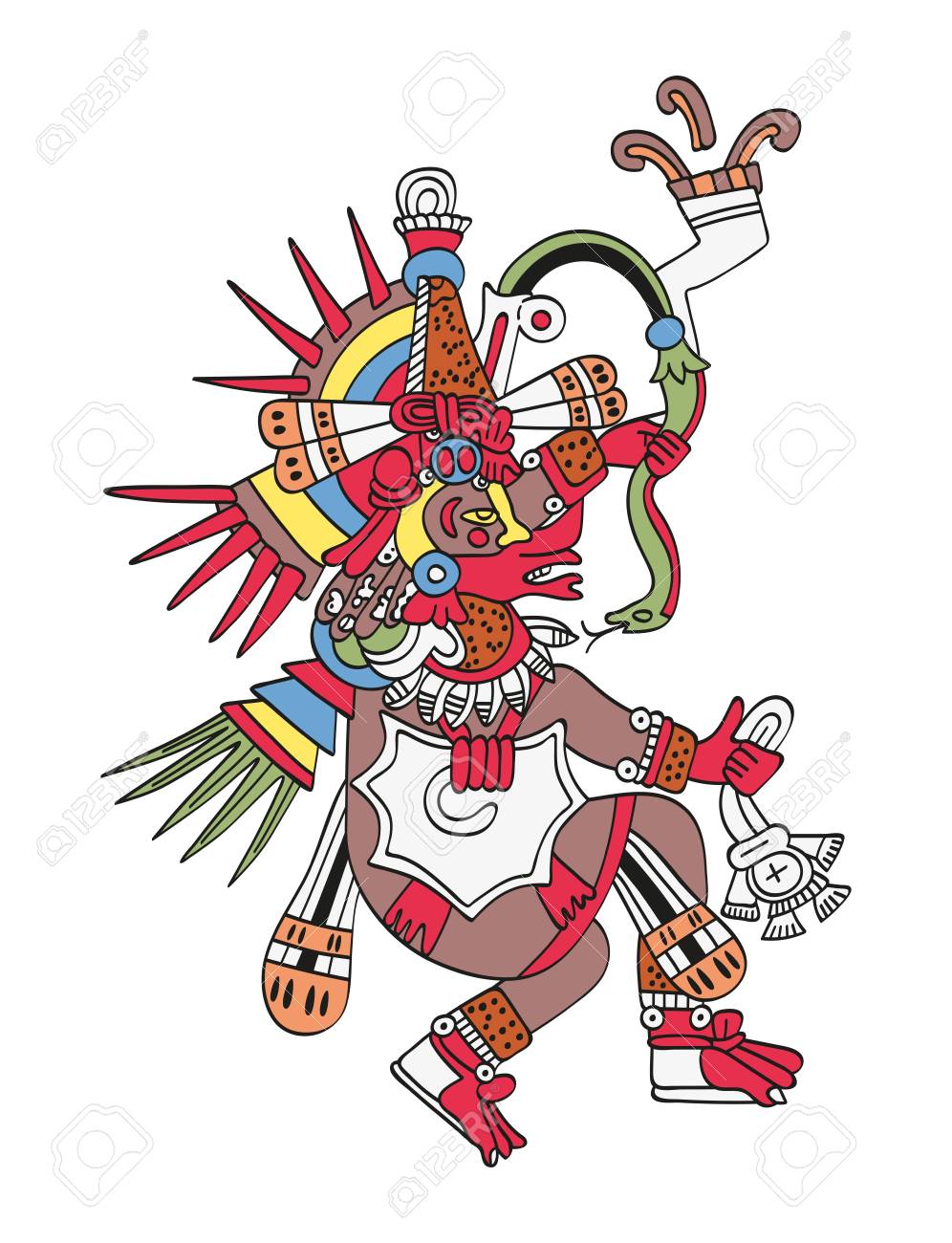 Illustration of Quetzalcoatl, the feathered serpent god, associated with cacao mythology