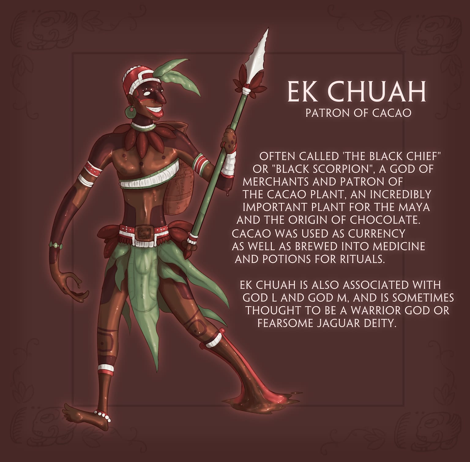 Ek Chuah, Mayan god and patron of cacao, depicted in a stylized artistic rendering