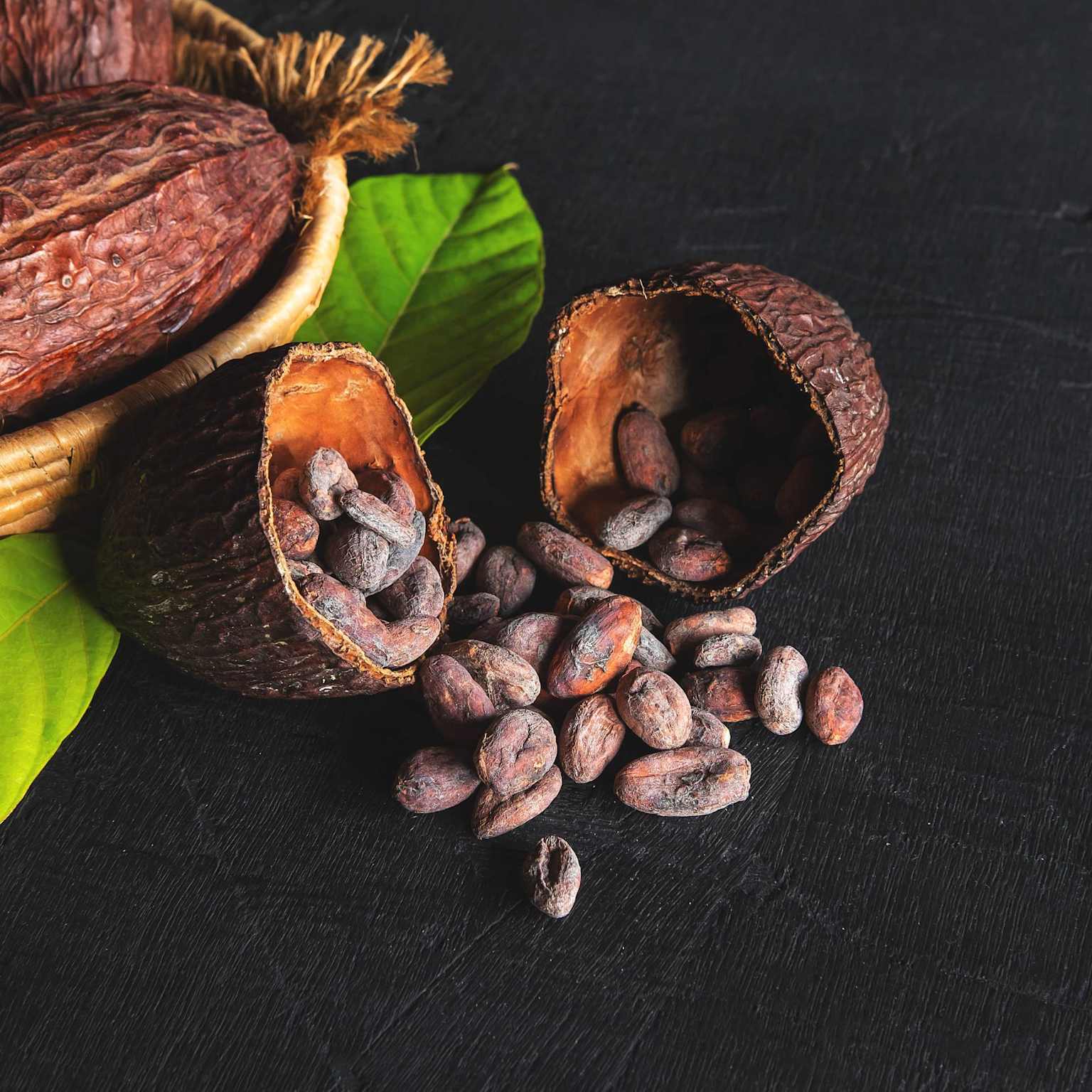 Cacao beans and open cacao pods