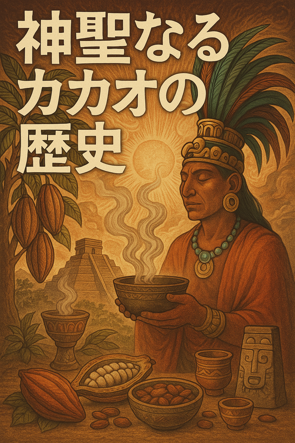Sacred cacao spiritual history illustration with large Japanese text