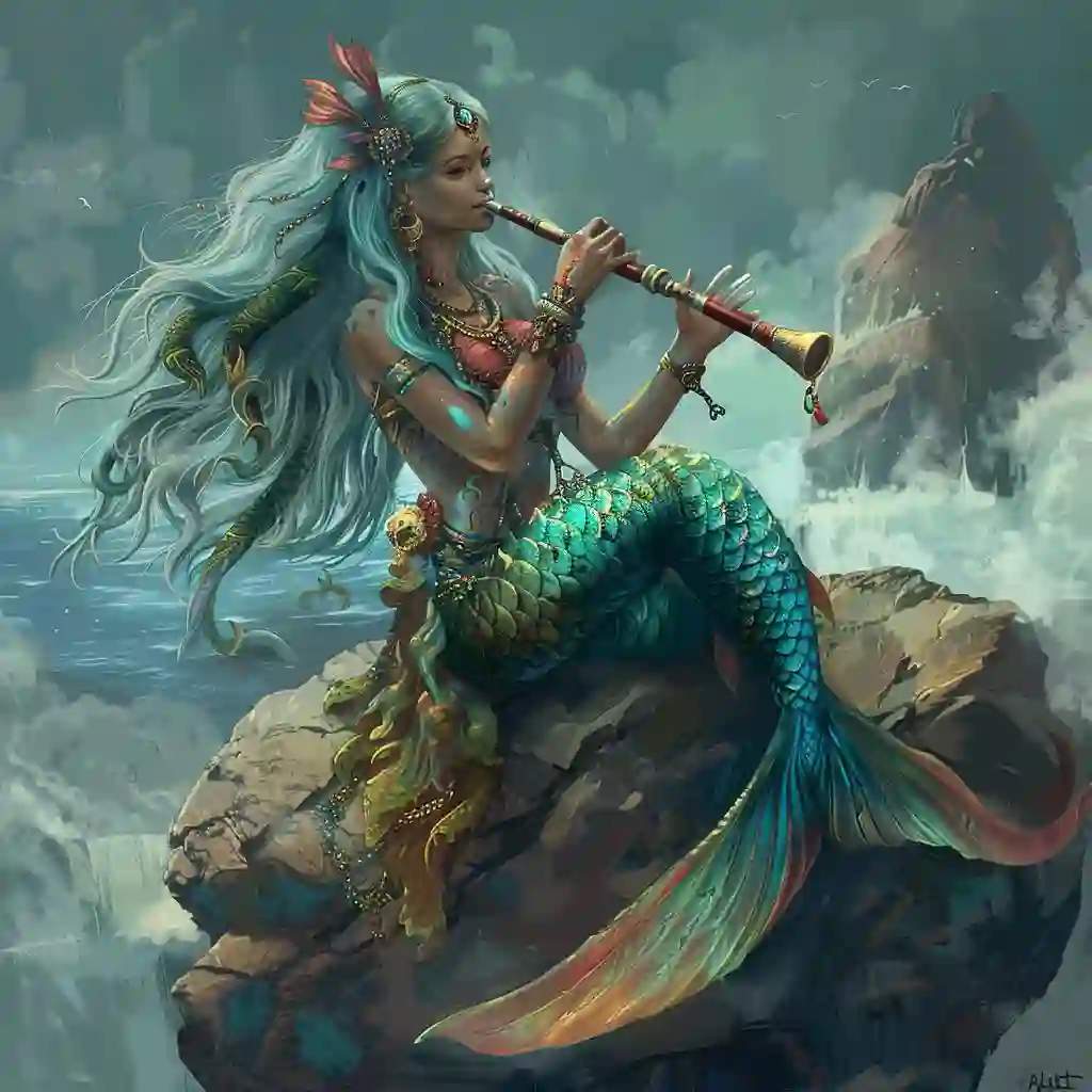 A merrow playing a horn, an Irish mermaid