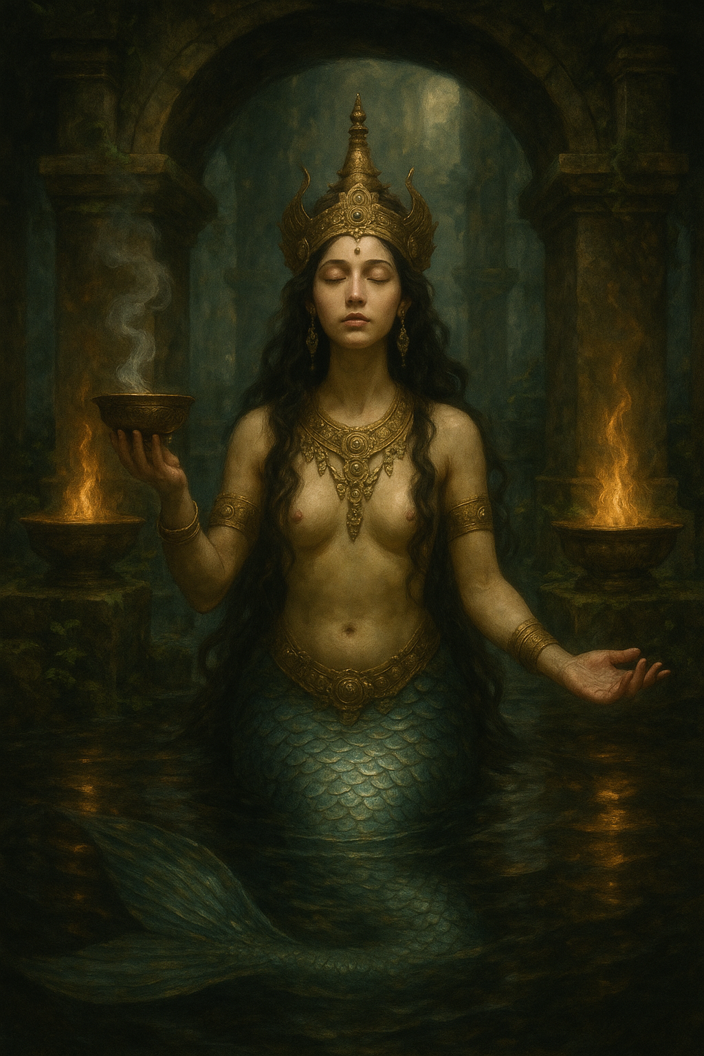 古代水神殿での人魚女神の神聖な儀式