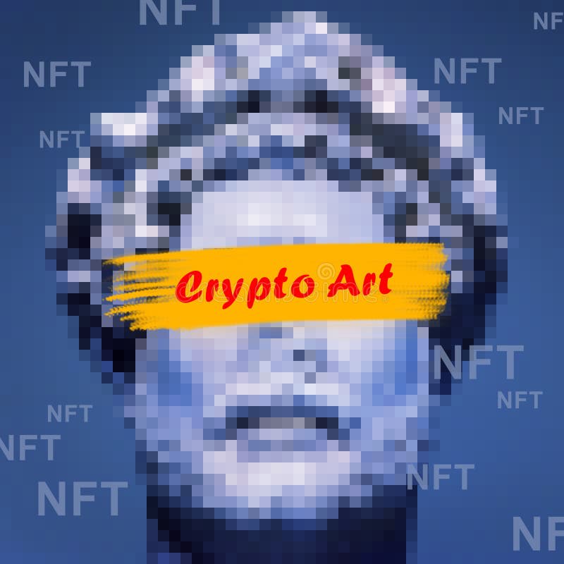 A pixelated statue bust with 'Crypto Art' overlaid, representing digital tokens in the creative economy.
