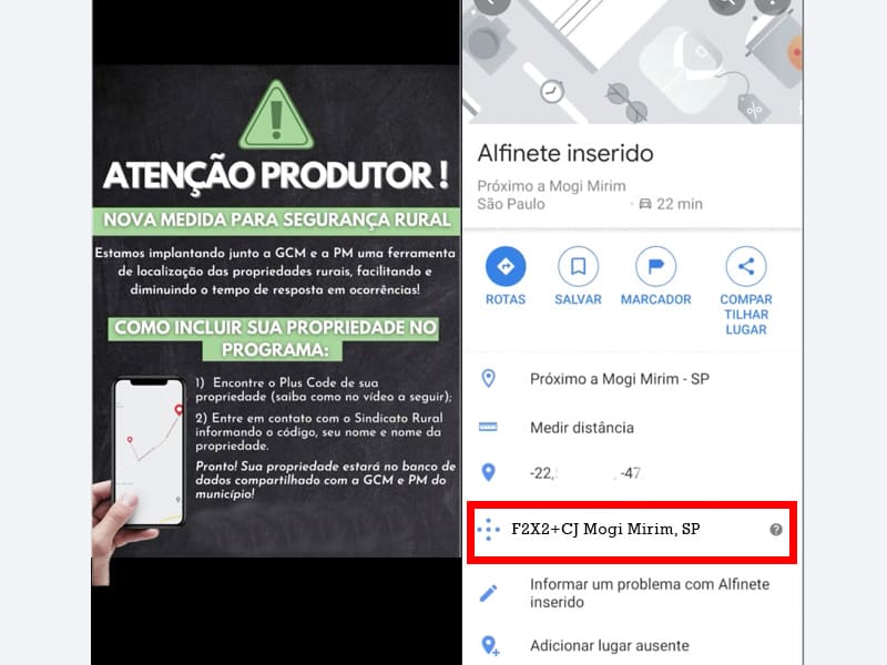 Poster and mobile interface displaying the implementation of Plus Codes for rural property location.