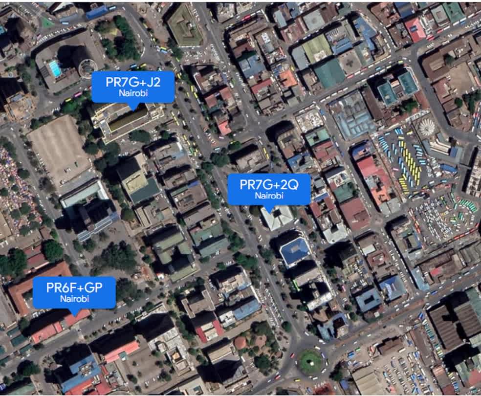 Overhead view of Nairobi, displaying Google Plus Codes for specific locations.