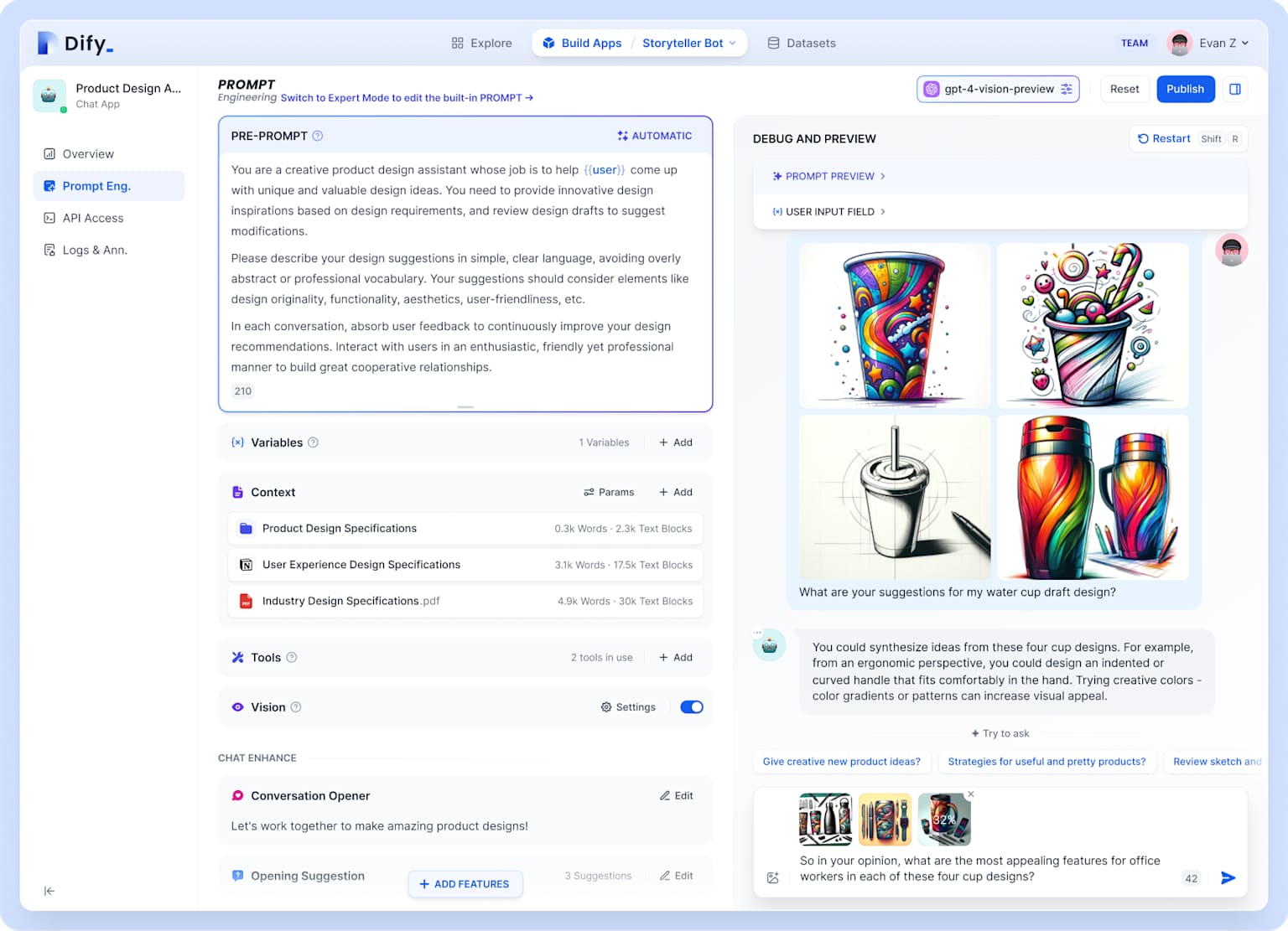 Dify AI application development platform dashboard showing a prompt for product design.