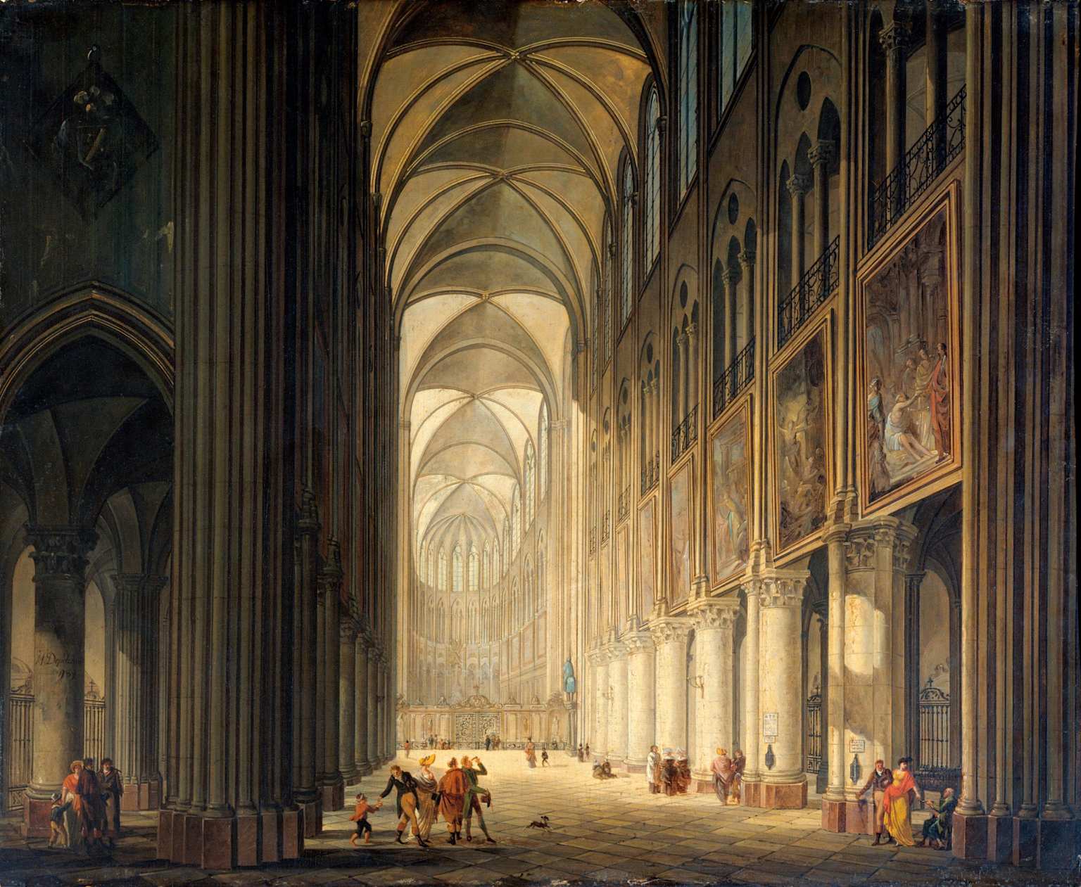Interior view of Notre Dame Cathedral, showcasing its gothic architecture