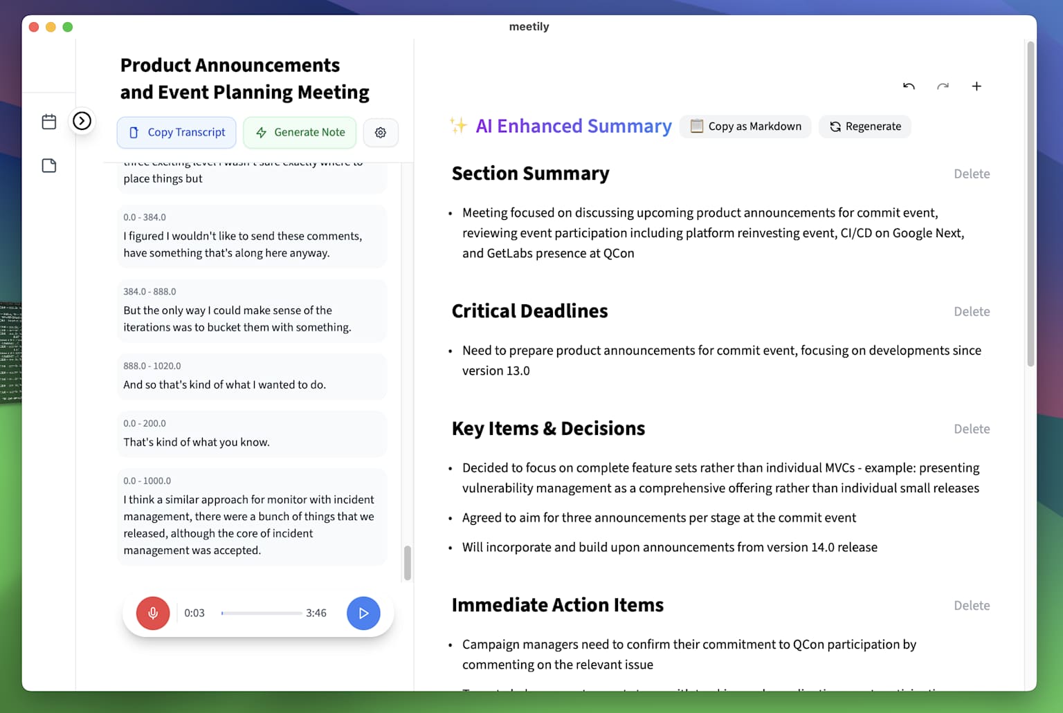 An AI-powered meeting note-taking application summarizing meeting highlights