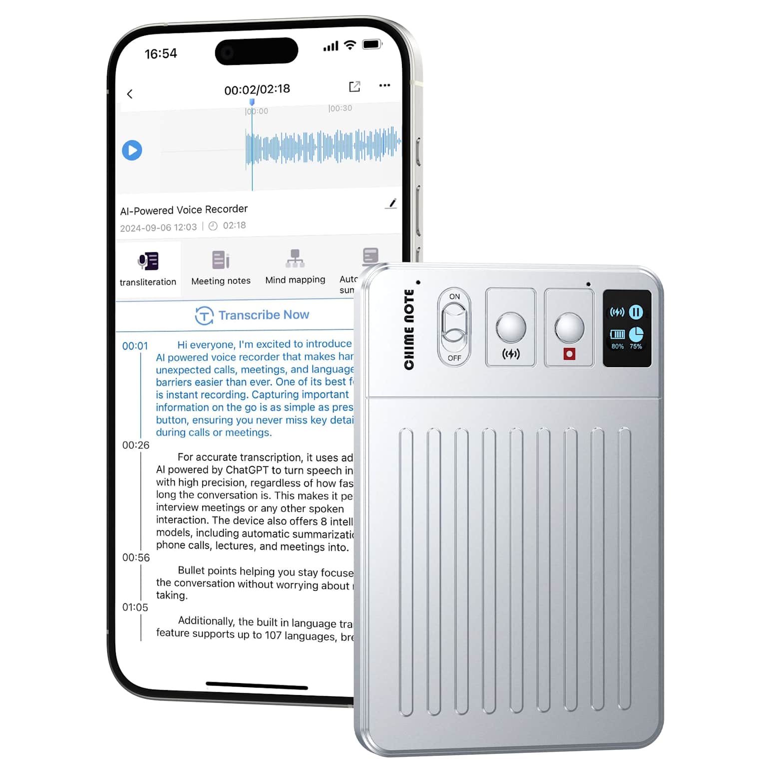 Chime Note AI Voice Recorder app interface and physical device