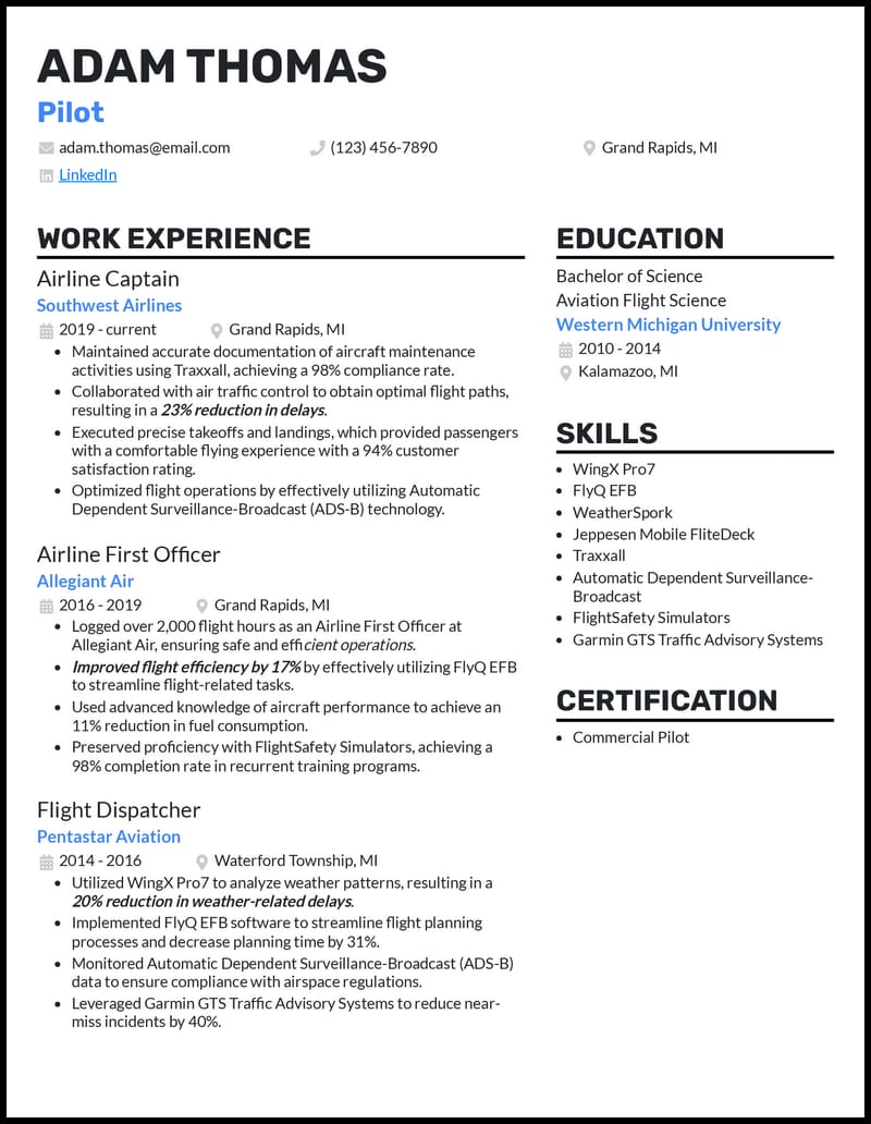 Professional pilot resume