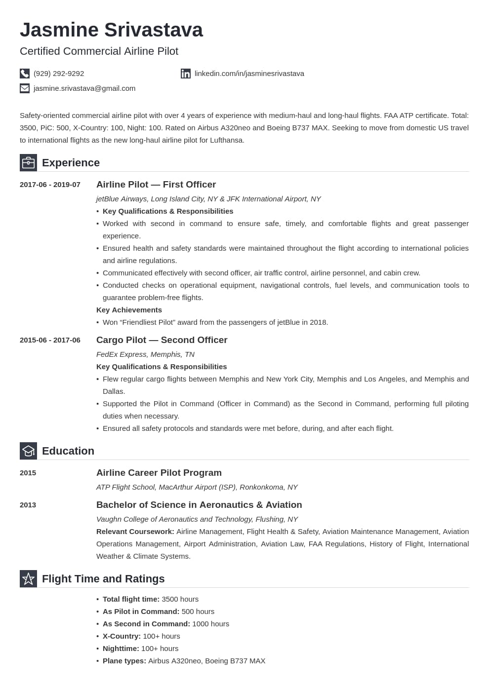 Professional pilot resume example