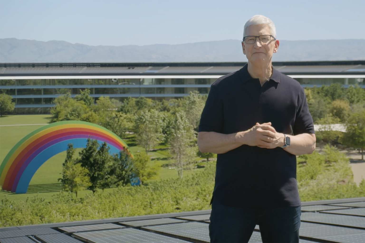 Tim Cook at Apple Park during a keynote event.