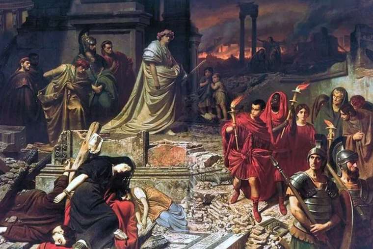 A painting depicting the Roman persecution of early Christians, with scenes of destruction and figures representing both the persecuted and the persecutors