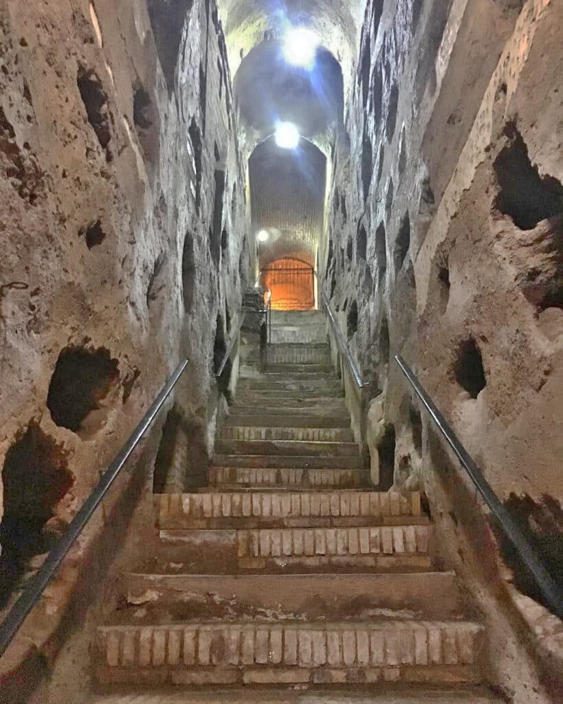 Stairway inside the Catacombs of Callixtus in Rome