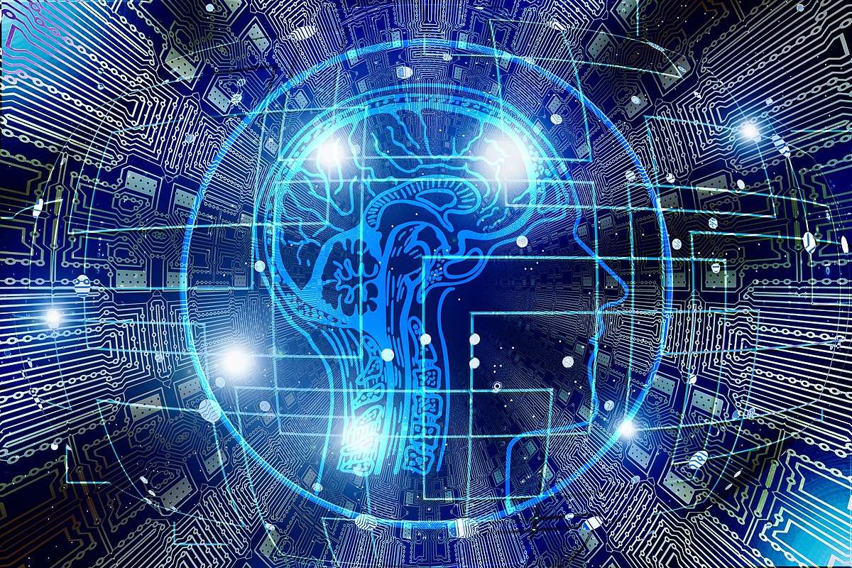 Stylized brain within a digital circuit board