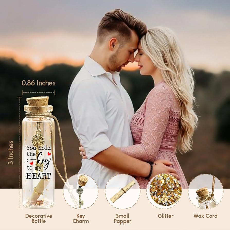 Romantic Valentine's Day Gift: Decorative bottle with key charm and heartfelt message