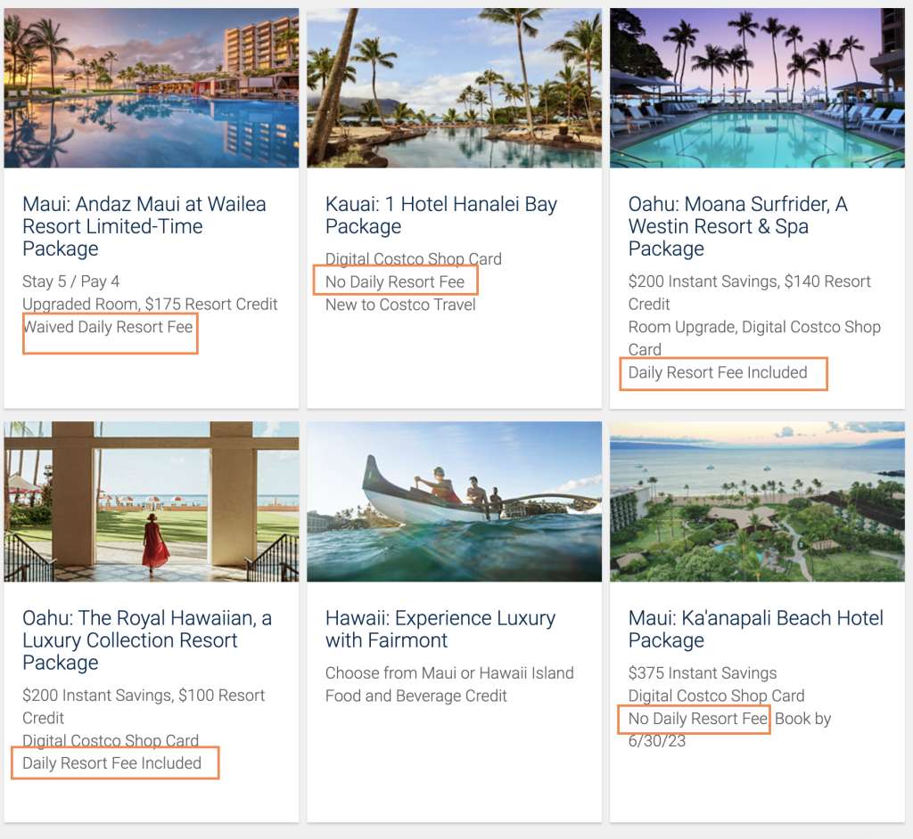 Examples of Hawaii hotel packages showing varied handling of daily resort fees including waiver, inclusion, and absence of fees
