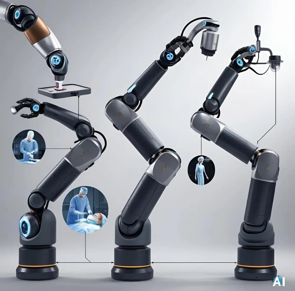 Polyfunctional robotic arms equipped for versatile tasks, highlighting their use in medical automation and surgery.