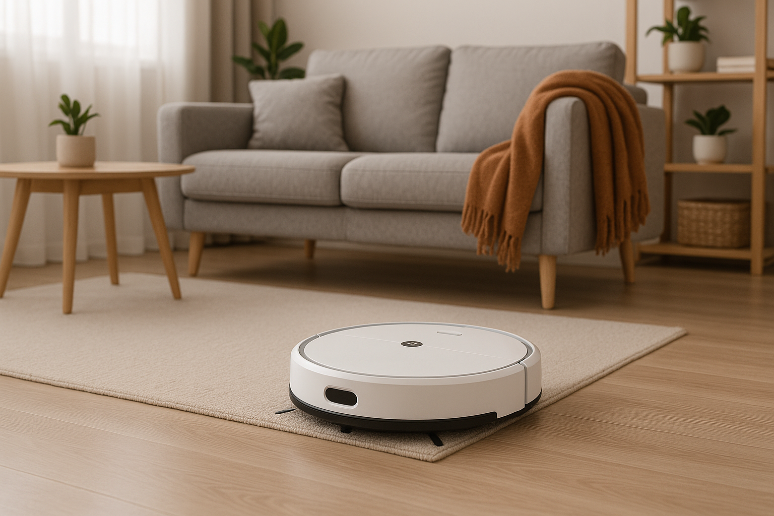 Saugroboter im modernen Wohnzimmer beim Reinigen