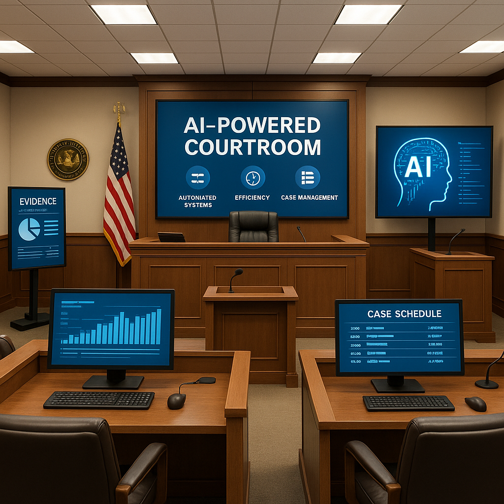 AI-powered modern courtroom showcasing digital transformation