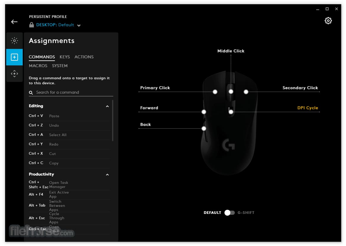 Giao diện phần mềm Logitech G HUB hiển thị các tùy chọn gán nút và tùy chỉnh chuột.