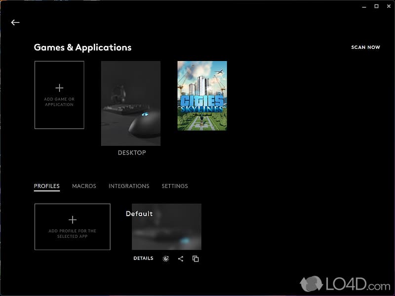 Ảnh chụp màn hình giao diện phần mềm Logitech G HUB hiển thị các tùy chọn quản lý game, ứng dụng và hồ sơ.