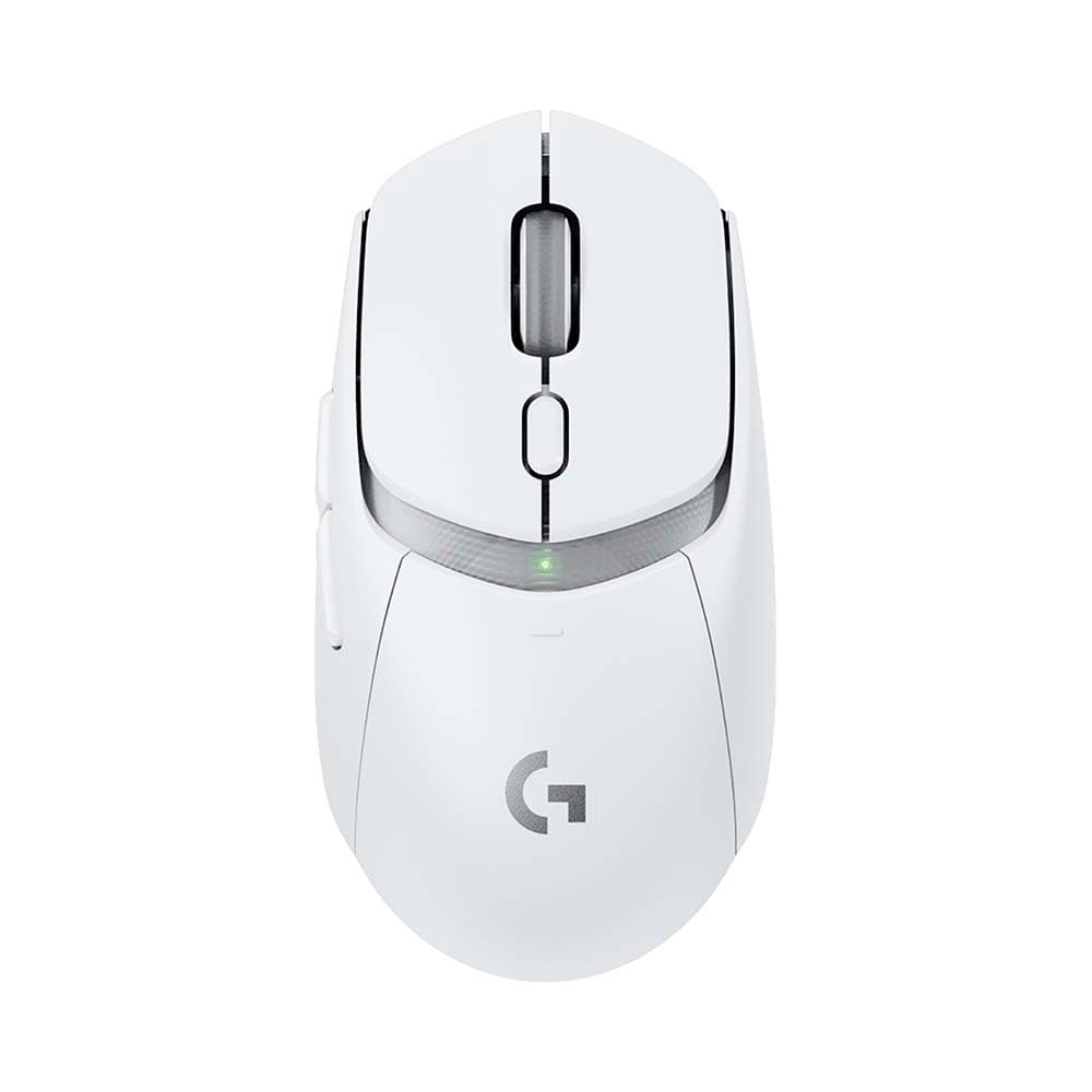Góc nhìn từ trên xuống của chuột gaming không dây Logitech G309 Lightspeed màu trắng, cho thấy các nút và đặc điểm thiết kế.