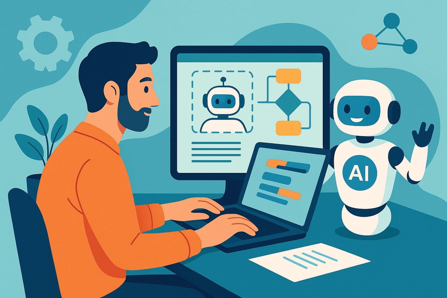 Illustration of a man working with AI technology for content creation and workflow automation