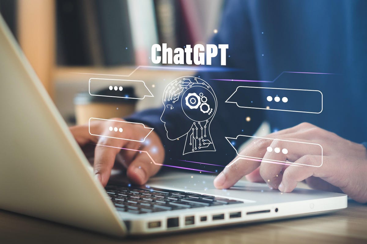 Hands typing on a laptop with an AI-themed overlay featuring ChatGPT and conversation bubbles, symbolizing AI copywriting collaboration