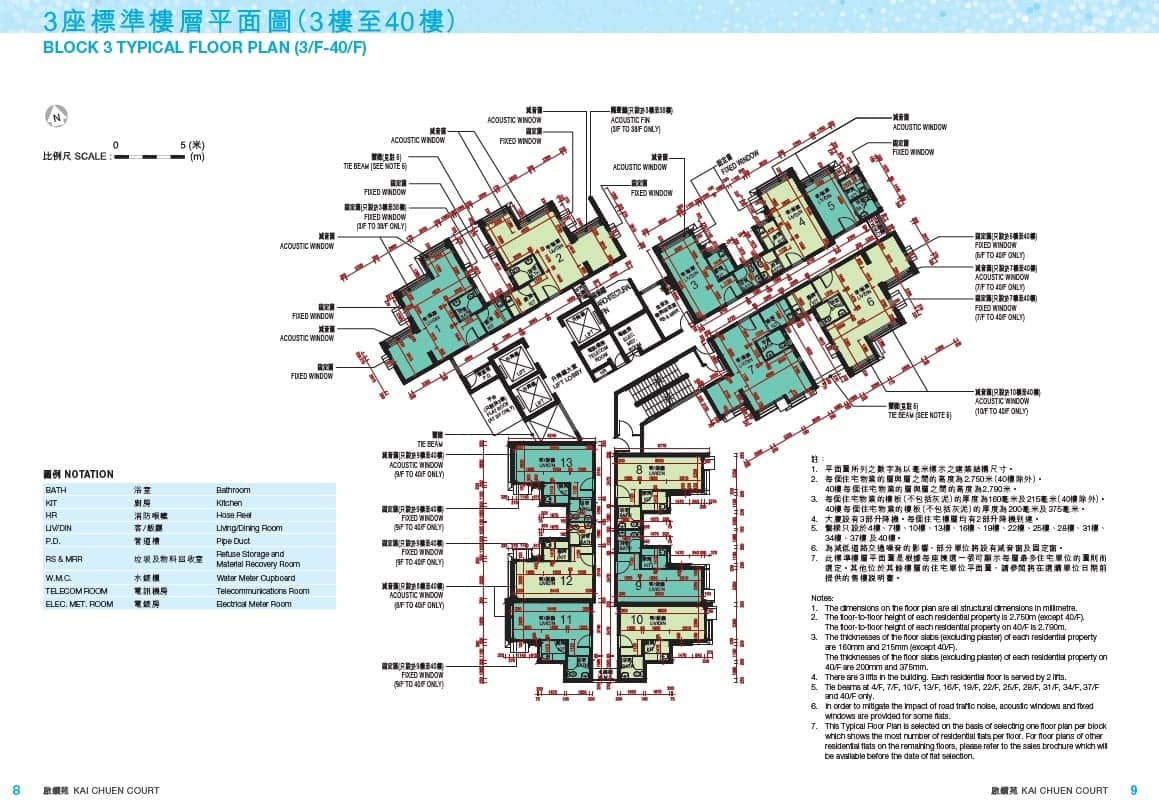 Typical floor plan of Block 3 (3rd to 40th floor) showing unit layouts and structural details in a residential building