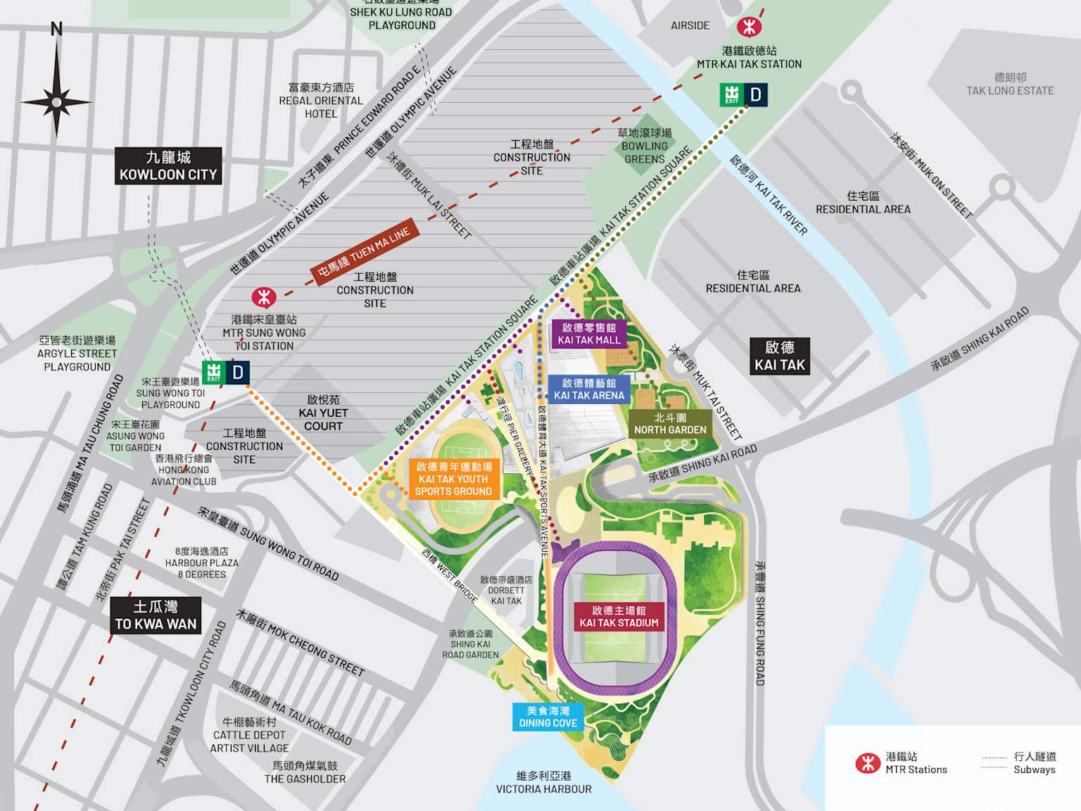 Map of Kai Tak area showing transportation, landmarks, and residential zones in Hong Kong