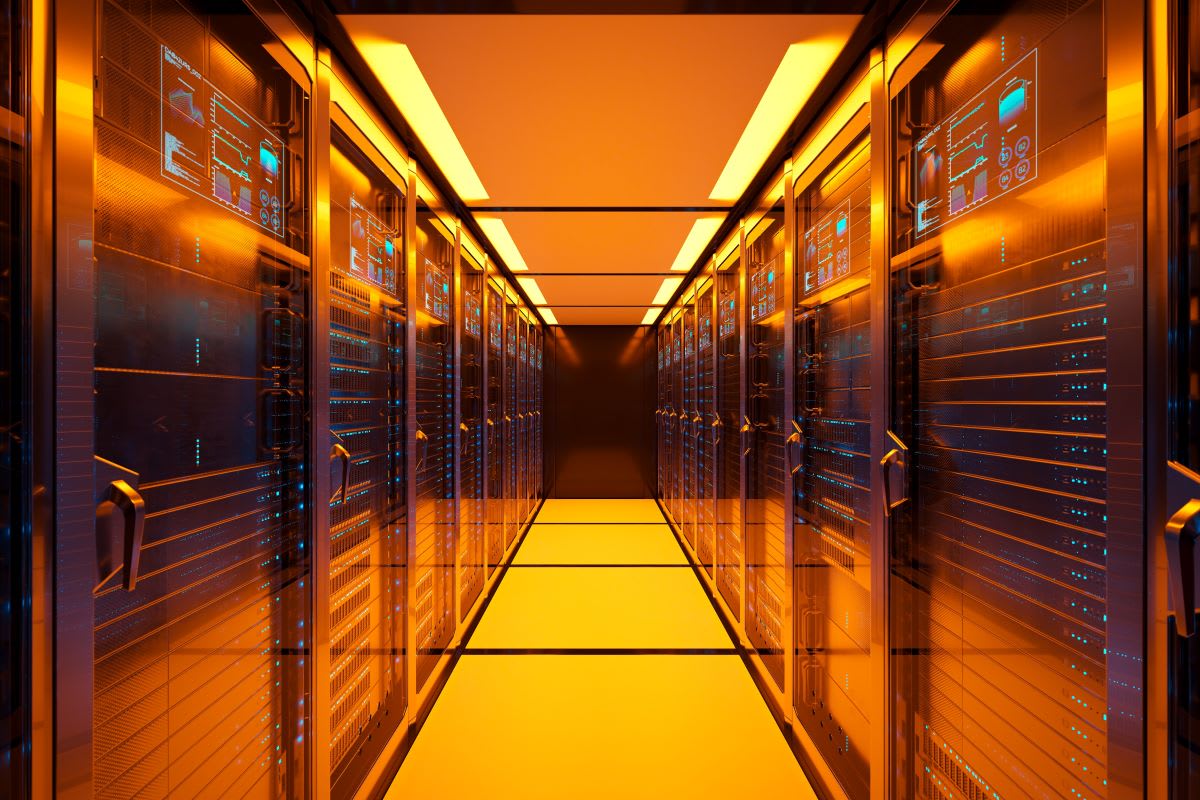 Futuristic data center with AI-driven servers showcasing advanced data processing and compression technology