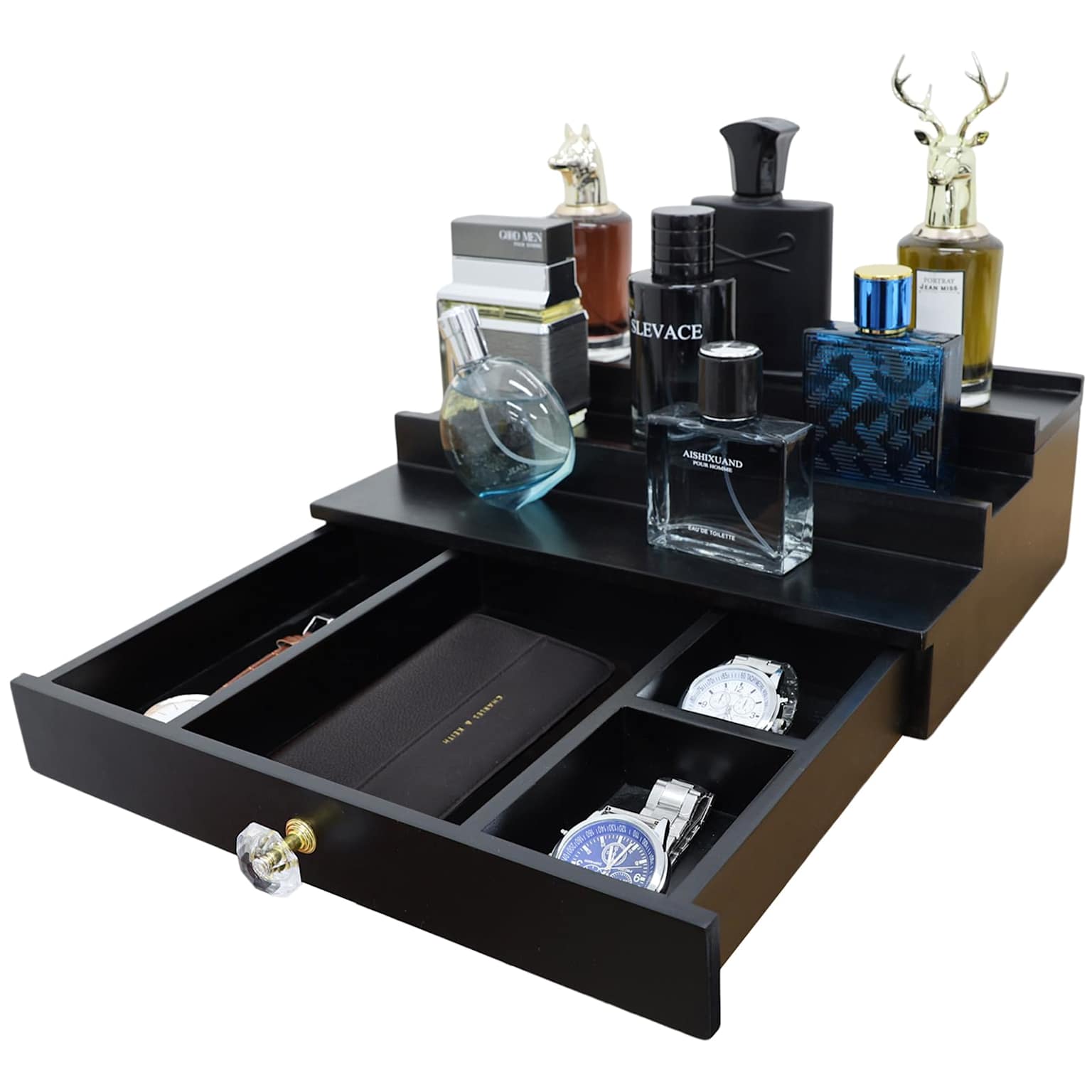 A black wooden organizer displaying men's fragrances, watches, and accessories