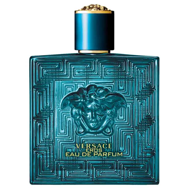 Luxury Versace Eros Pour Homme perfume bottle with a textured blue design and gold accents