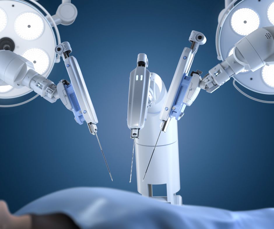 Polyfunctional robotic surgical system with multiple robotic arms performing precise operations in a high-tech medical environment.